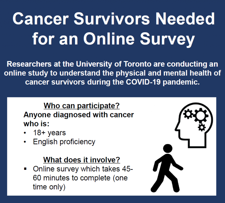 Researchers at the University of Toronto are conducting an online study to understand teh physical and mental health of cancer survivors during the COVID-19 pandemic. Who can participate? Anyone diagnosed with cancer who is 18+ years and proficient in English. What does it involve? An online survey which takes 45-60 minutes to complete (one time only).