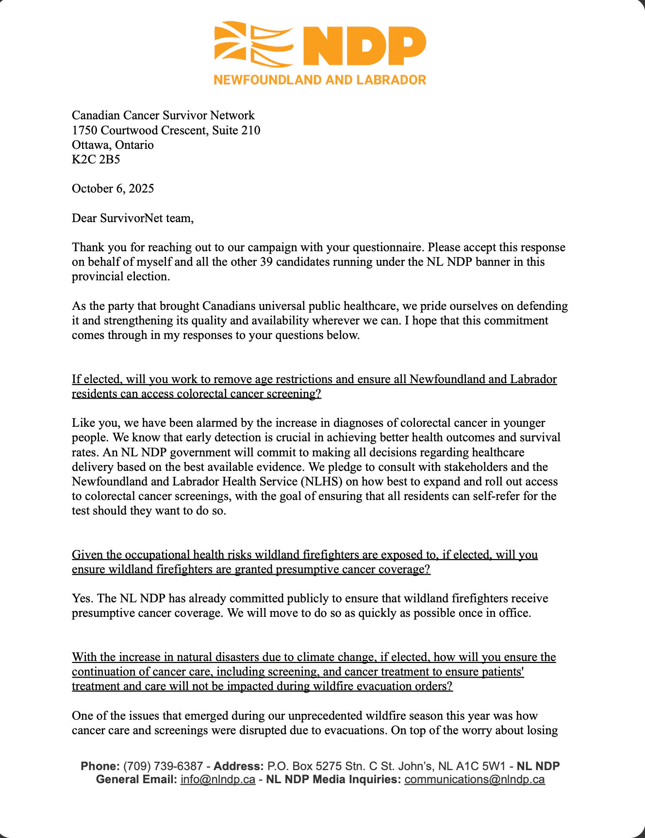 NDP NL Election Questions Response (First Page)