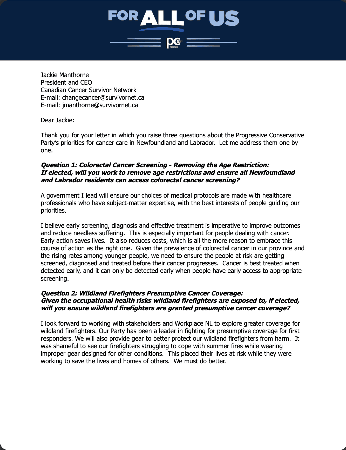 Newfoundland and Labrador PC Party Response Part 1